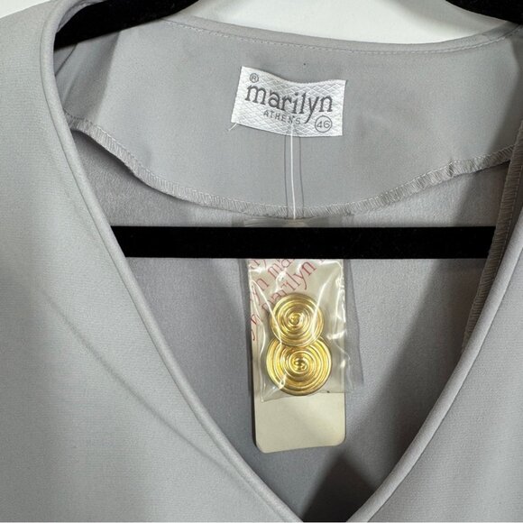 Vintage Marilyn Athens Gray Blouse Top Size 46 Gold Spiral Buttons Short Sleeve - Picture 8 of 12